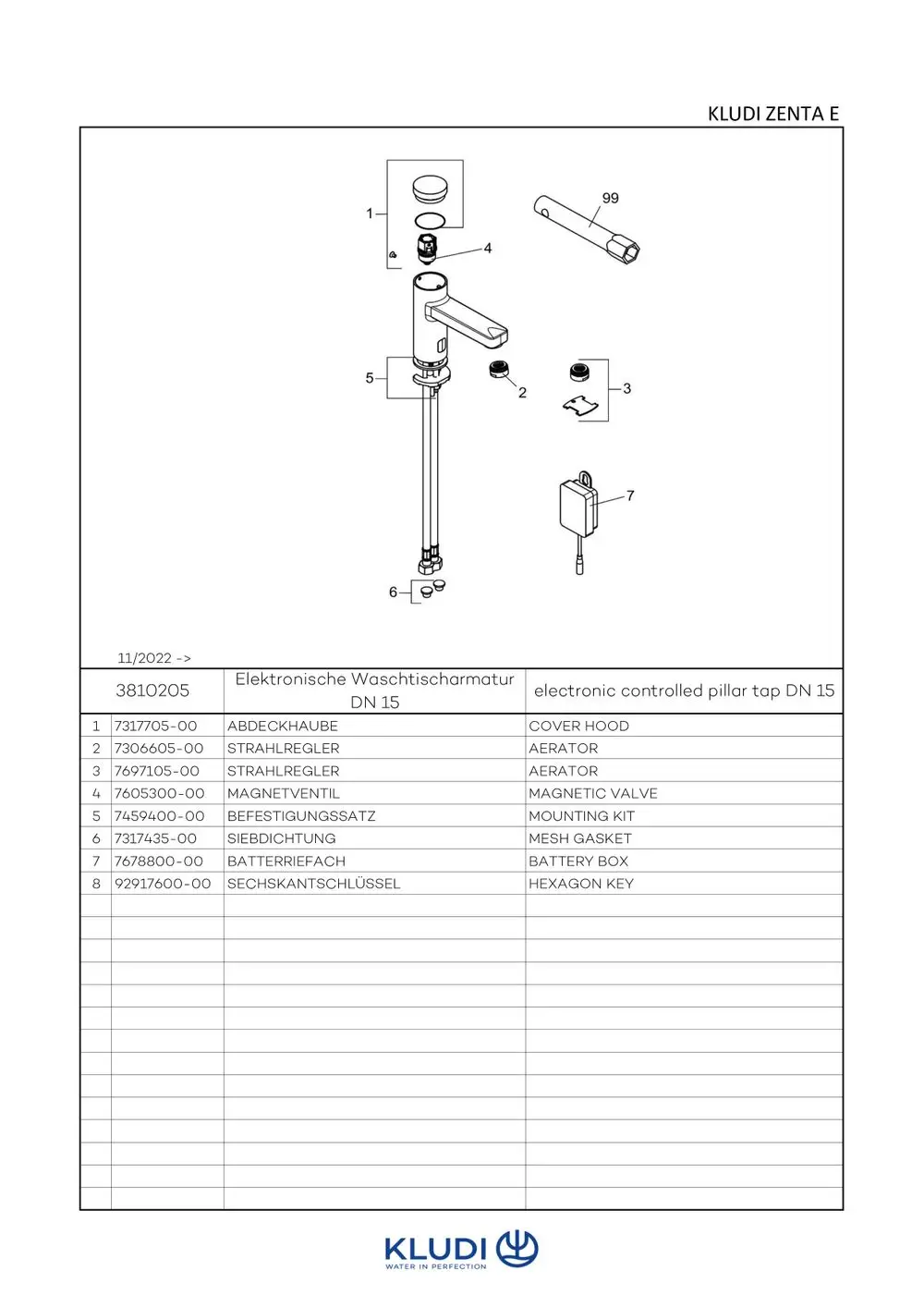 Mechanische Skizze einer elektronischen Waschtischarmatur von Kludi mit Bauteilen wie Aerator, magnetischem Ventil und Montagesatz. Teile sind nummeriert und beschriftet.